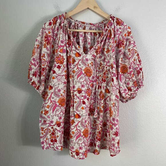 Knox Rose Womens XL Floral Peasant Blouse Pink Orange Cotton Short Sleeve Shirt - Picture 6 of 10